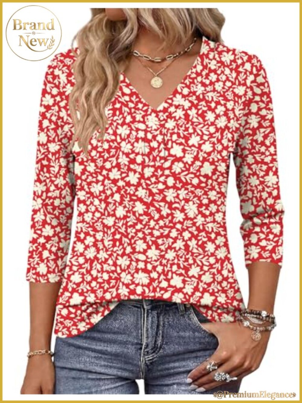 Women's Boho V Neck Loose Fit Tunic Top 3/4 Sleeve Casual Summer (Item